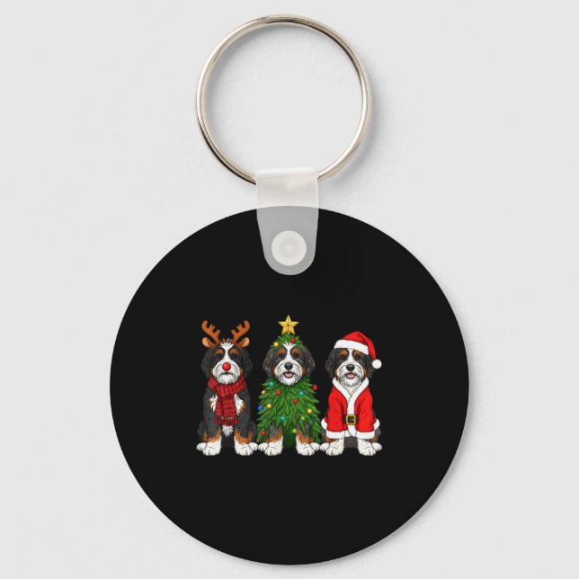 Retro Christmas Bernedoodle Santa Reindeer Dog Lov Keychain (Front)