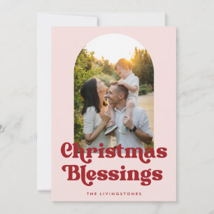Retro Christmas Blessings Pink and Red Arch Photo Holiday Card