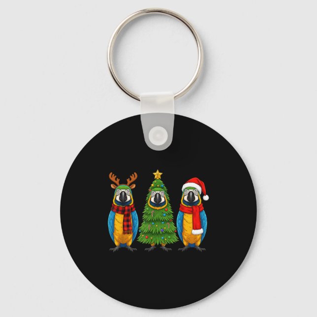 Retro Christmas Blue And Yellow Macaw Parrot Santa Keychain (Front)