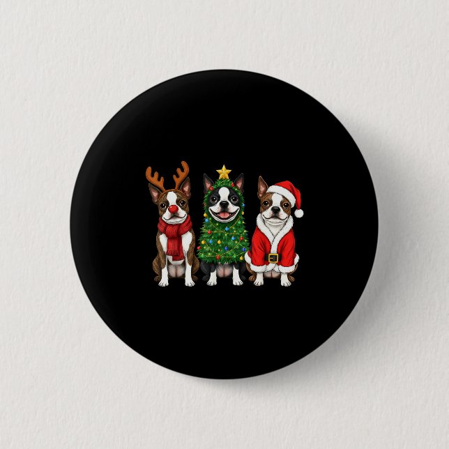 Retro Christmas Boston Terrier Santa Reindeer Dog  Button (Front)