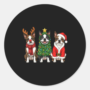 Retro Christmas Boston Terrier Santa Reindeer Dog Classic Round Sticker