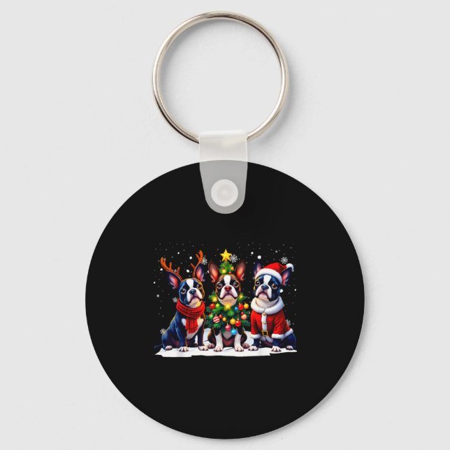 Retro Christmas Boston Terrier Santa Reindeer Dog  Keychain (Front)