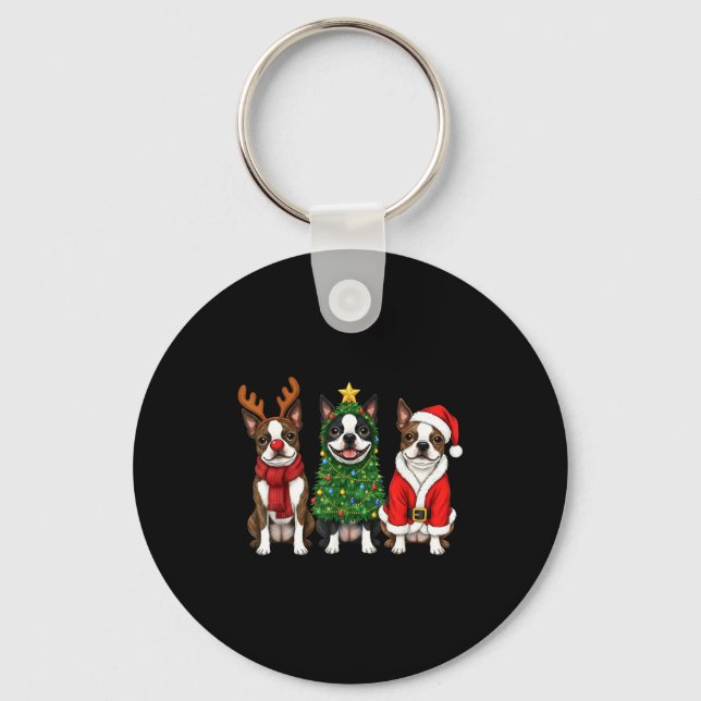 Retro Christmas Boston Terrier Santa Reindeer Dog  Keychain (Front)