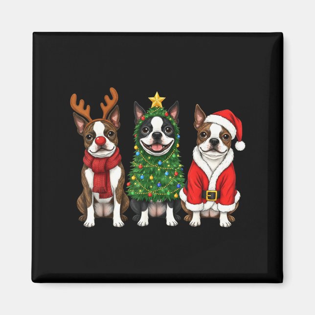 Retro Christmas Boston Terrier Santa Reindeer Dog  Magnet (Front)