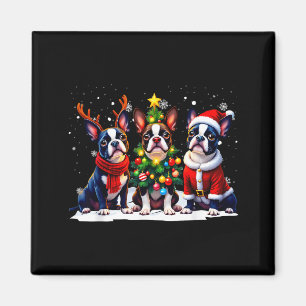 Retro Christmas Boston Terrier Santa Reindeer Dog Magnet