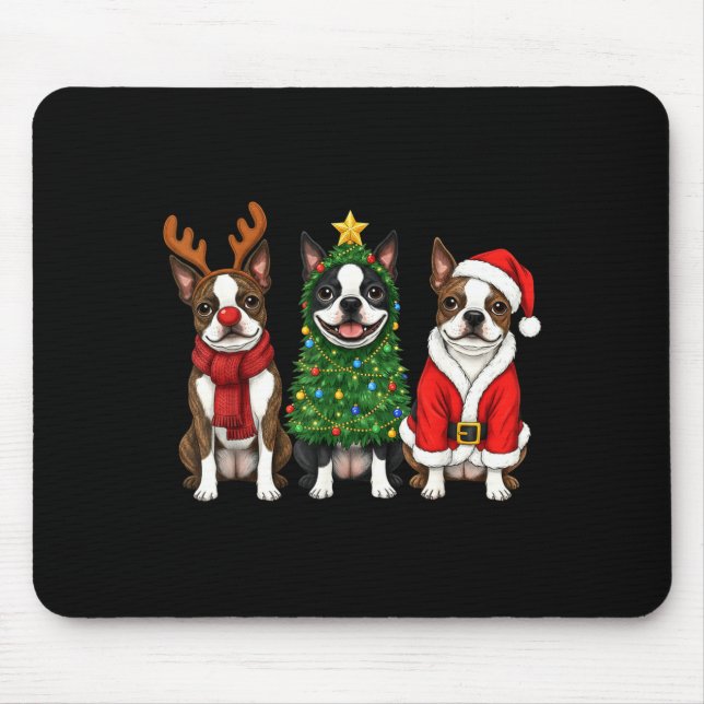 Retro Christmas Boston Terrier Santa Reindeer Dog  Mouse Pad (Front)