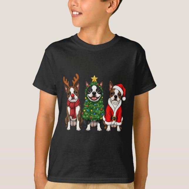 Retro Christmas Boston Terrier Santa Reindeer Dog  T-Shirt (Front)
