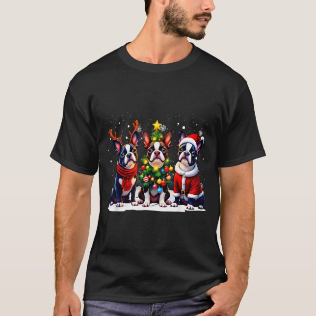 Retro Christmas Boston Terrier Santa Reindeer Dog  T-Shirt (Front)