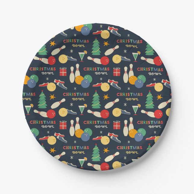 Retro Christmas Bowling Pattern Paper Plates (Front)
