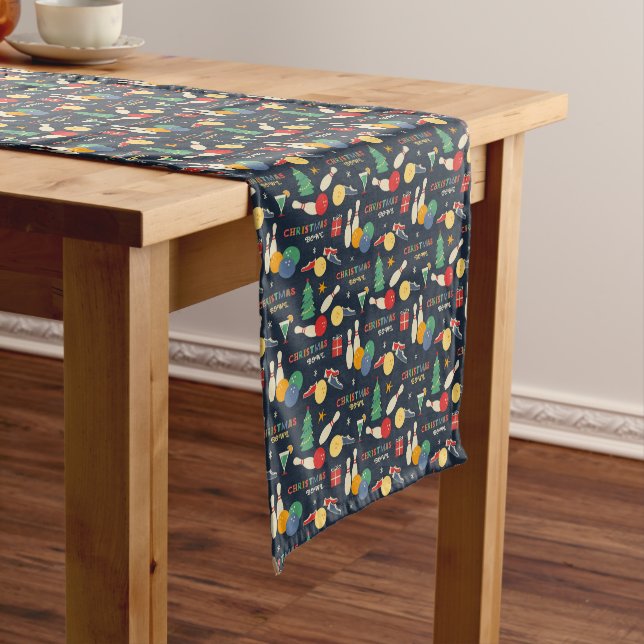 Retro Christmas Bowling Pattern Short Table Runner (In Situ)
