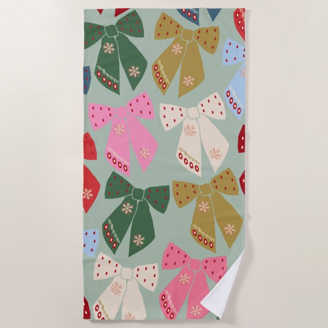 Retro Christmas Bows Coquette Beach Towel (Front)