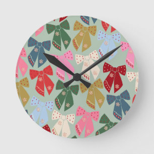 Retro Christmas Bows Coquette Round Clock