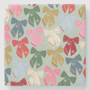 Retro Christmas Bows Coquette Stone Coaster