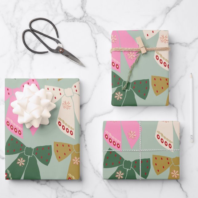 Retro Christmas Bows Coquette Wrapping Paper Sheets (Front)