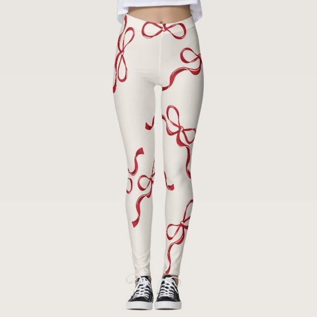 Retro Christmas Bows Holiday Classic red Leggings (Front)