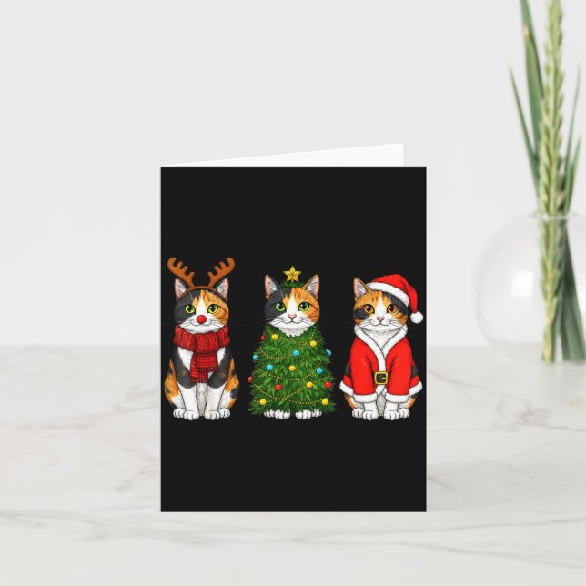 Retro Christmas Calico Cat Santa Reindeer  Card (Front)