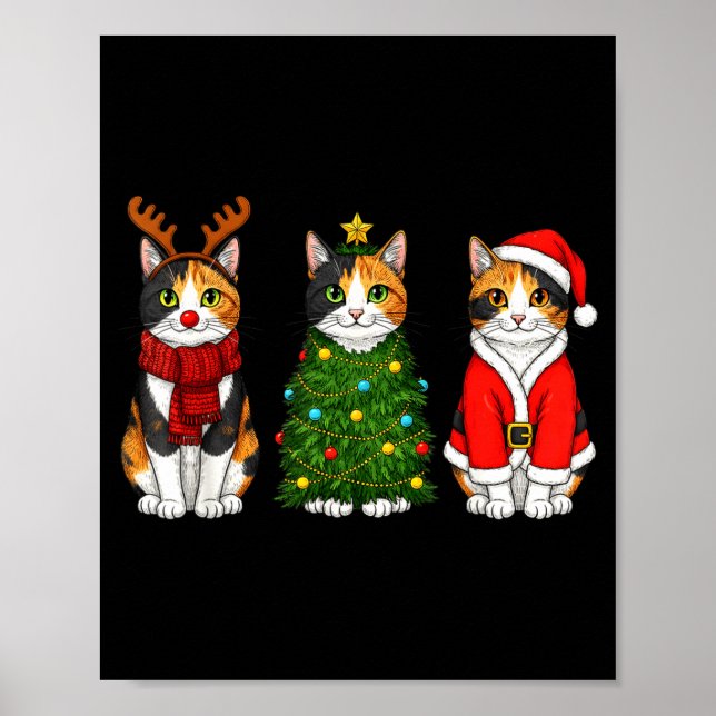 Retro Christmas Calico Cat Santa Reindeer  Poster (Front)
