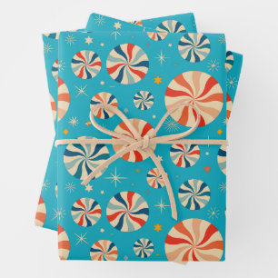 Retro Christmas Candy Cane Blue  Wrapping Paper Sheets