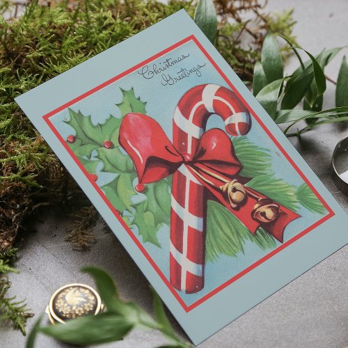 Retro Christmas Cane Bow Holly Berries Greetings Holiday Card