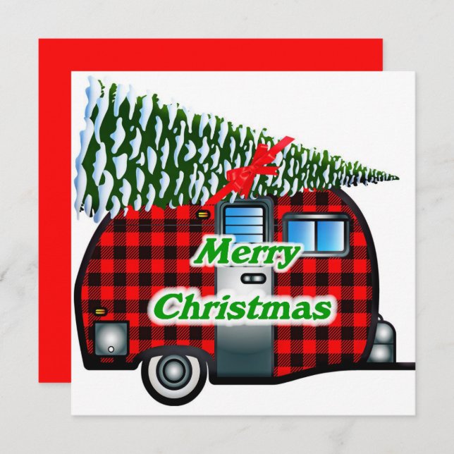 Retro Christmas Card Plaid Camper n Tree (Front/Back)