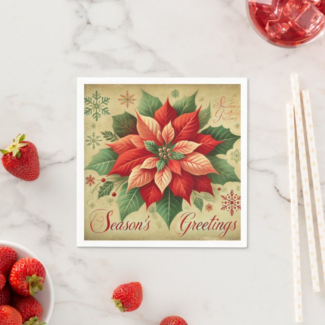 Retro Christmas Card Style Poinsettia Decoupage Napkins (Insitu)