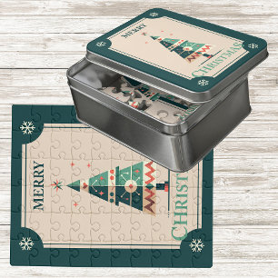 Retro Christmas Card With Geometric Tree Design Jigsaw Puzzle