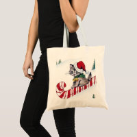 Retro Christmas cat Holiday tote bag