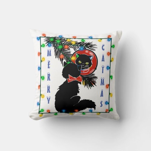 Retro Christmas Cat MCM Kitty Throw Pillow