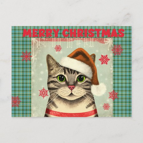 Retro Christmas Cat Merry Christmas Holiday Postcard