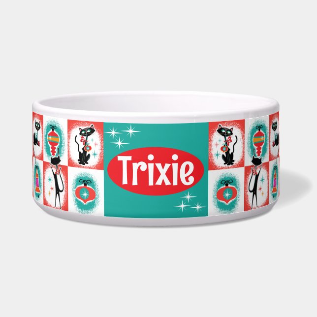 Retro Christmas Cats Food Bowl Customizable (Front)
