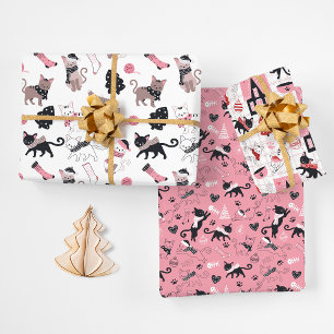 Retro Christmas Cats Pink Grey Wrapping Paper Sheets