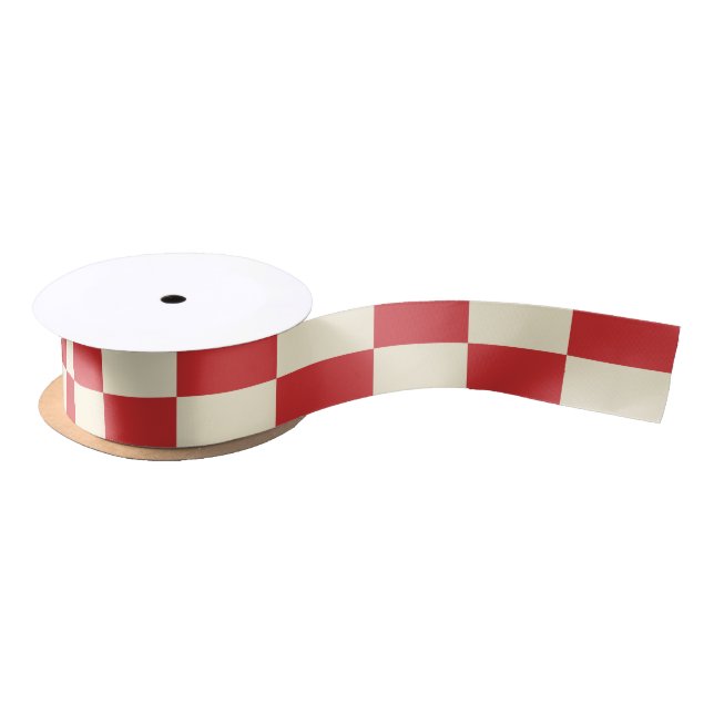 Retro Christmas Checkered Red Cream Pattern Satin Ribbon (Spool)