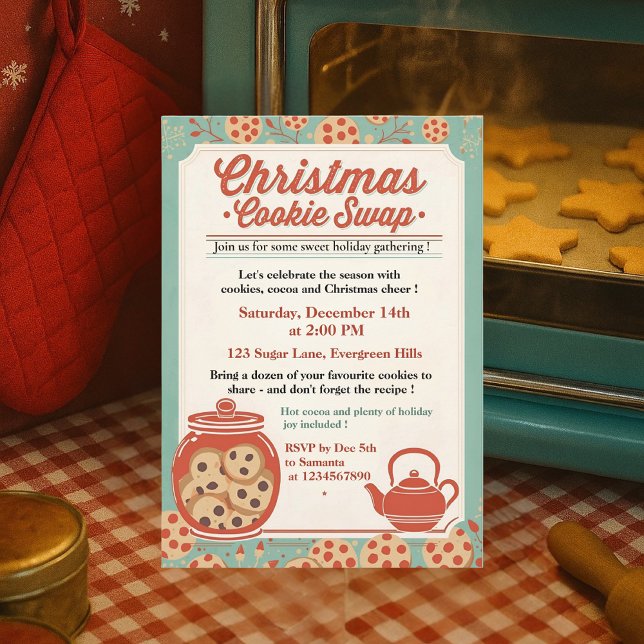 Retro Christmas Cookie Swap Teal & Red Invitation (Creator Uploaded)