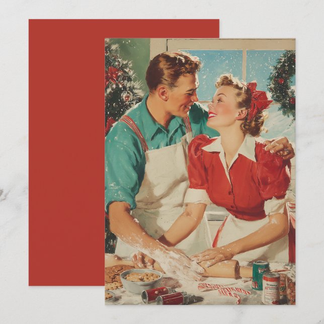 Retro Christmas Couple Baking Love Card (Front/Back)