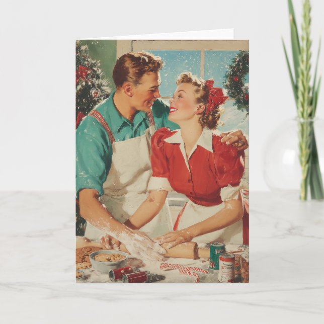 Retro Christmas Couple Baking Love Card (Front)