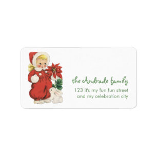 Retro Christmas Cute Blonde Girl Red Poinsettia Label