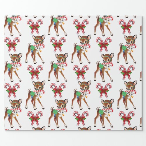 Retro Christmas Deer and Candy Canes Wrapping Paper