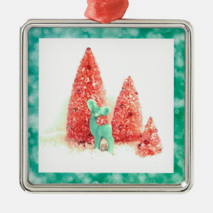 Retro Christmas Deer with Aqua Frame Metal Ornament