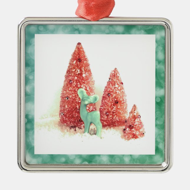 Retro Christmas Deer with Aqua Frame Metal Ornament (Front)