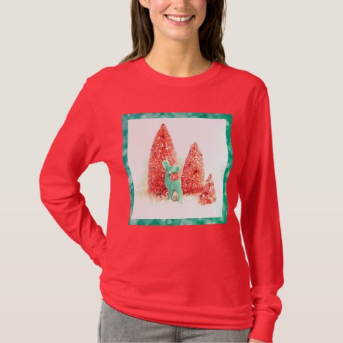 Retro Christmas Deer with Aqua Frame on Red T_Shirt