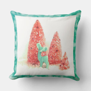 Retro Christmas Deer with Aqua Frame Outdoor Pillow
