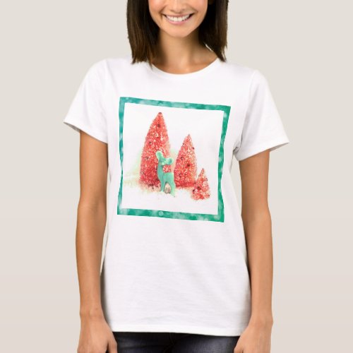 Retro Christmas Deer with Aqua Frame T_Shirt