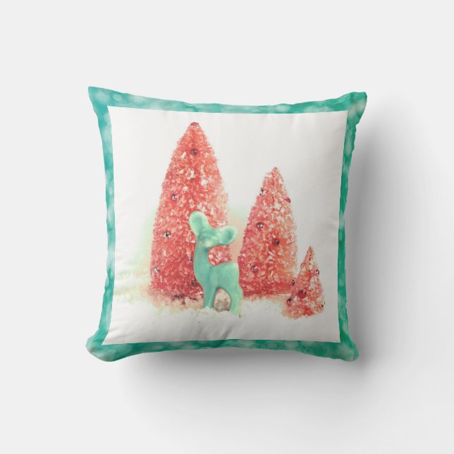 Retro Christmas Deer with Aqua Frame Throw Pillow (Front)