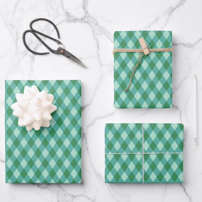 Retro Christmas Diamond Plaid - Green & Turquoise Wrapping Paper Sheets (Front)