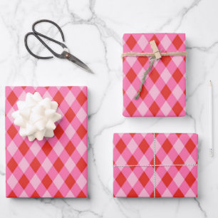 Retro Christmas Diamond Plaid - Red & Pink Wrapping Paper Sheets