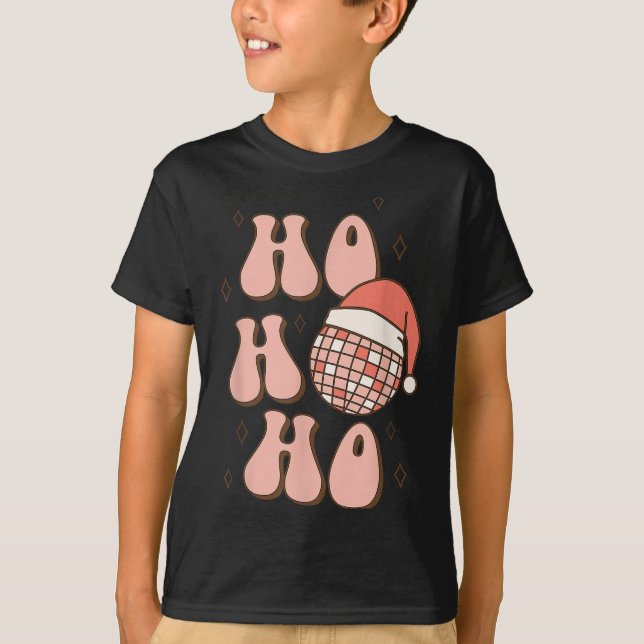 Retro Christmas Disco Ball Groovy Ho Ho Ho Santa H T-Shirt (Front)