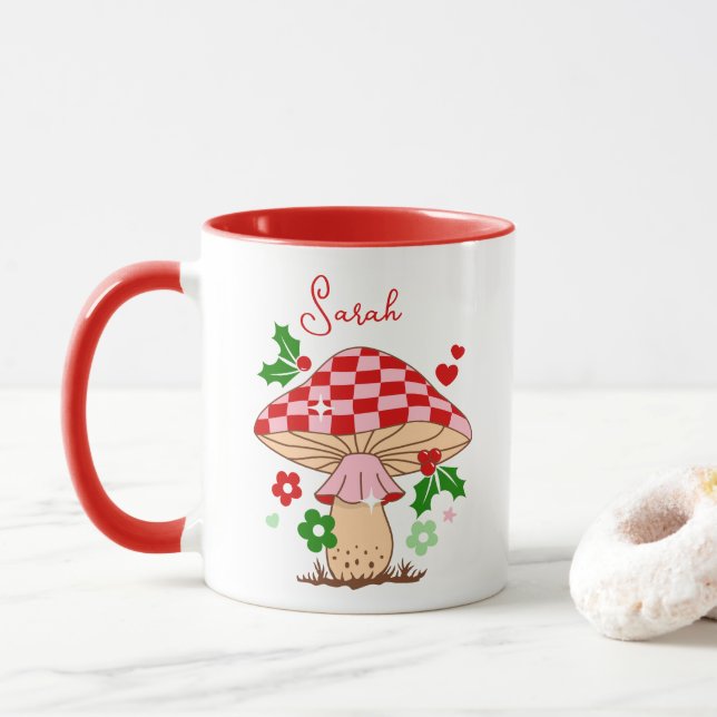Retro Christmas Disco Ball Mushroom Mug (With Donut)