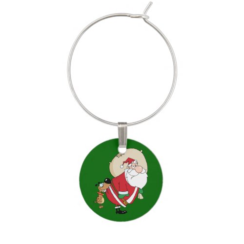 Retro Christmas Dog Biting Santa Wine Glass Charm