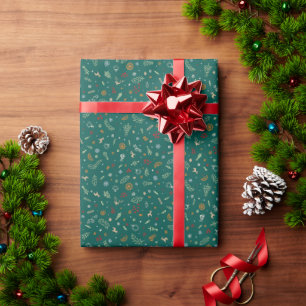 Retro Christmas Doodles Toss in Emerald Green Wrapping Paper