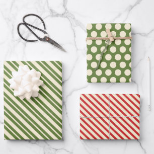 Retro Christmas Dots and Stripes Olive Green & Red Wrapping Paper Sheets